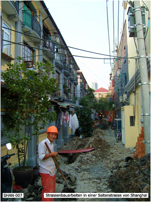Strassenbauarbeiten in einer Seitenstrasse von Shanghai